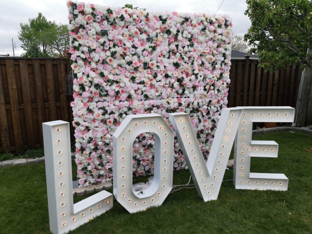 Marquee Letters with Pink Roses Flower Wall Brampton