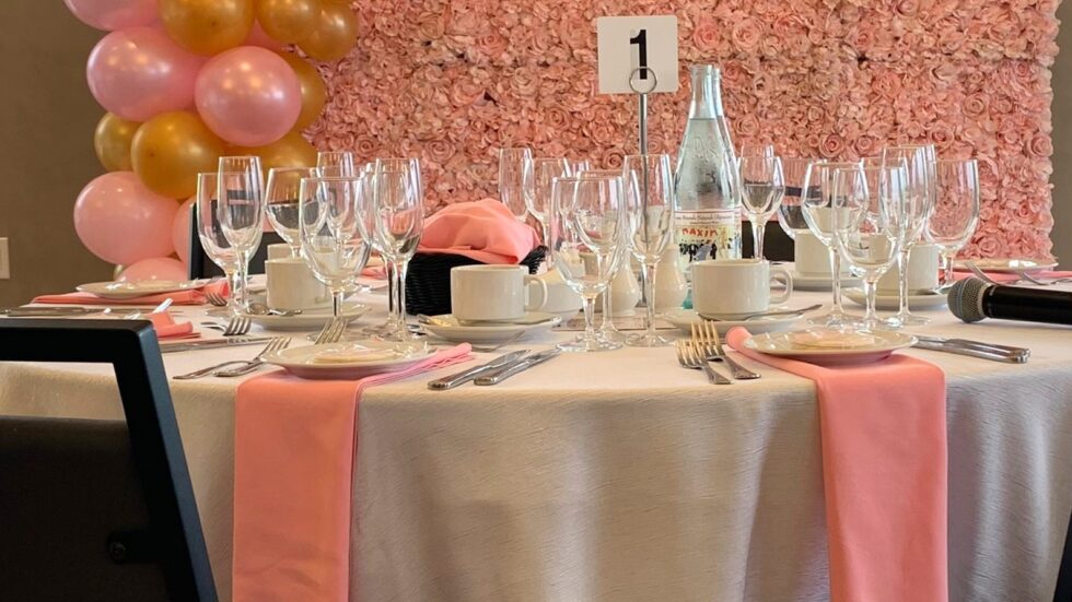 Pink Roses Flower Wall with Gold and Pink Balloon Decor Oakville - Decorative Oakville Fun Night Out Décor