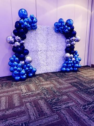 Blue and Silver Flower Wall with Balloon Decor -Toronto Flower Wall Rental