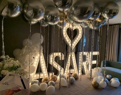 Gold-and-White-Balloon-Decor-with-Bright-Marquee-Letters-Georgetown Party Rental