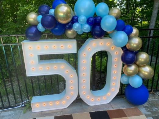 Marquee-Numbers-Hamilton-with-Blue-and-Gold-Balloon-Decor-Marquee Letters Hamilton
