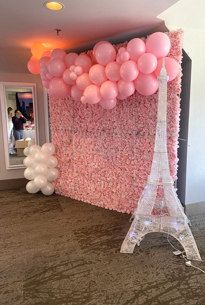 Pink-Roses-Flower-Wall-Oakville-with-the-Eiffel-Tower-Modern Party Rentals Oakville