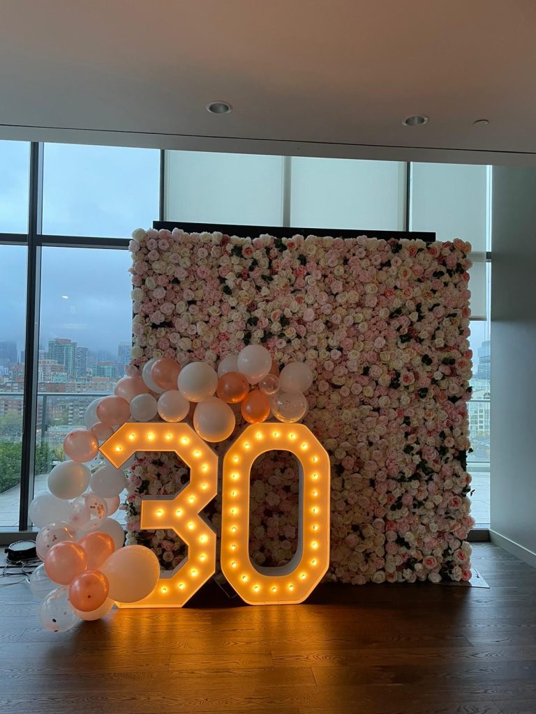 Pink-Roses-Flower-Wall-with-Marquee-Numbers-and-Balloon-Decor-Brampton-Brampton Party Rental.