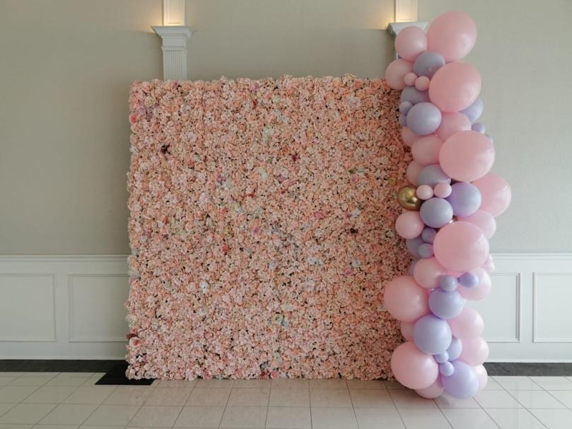 Pink-Roses-Flower-Wall-with-Pink-and-Purple-Balloon-Decor-Waterloo Party Rental Ideas 