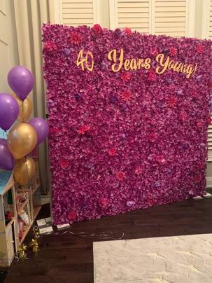 Purple-Roses-Flower-Wall-with-Golden-and-Purple-Balloon-Decor-Georgetown-Party Décor Georgetown