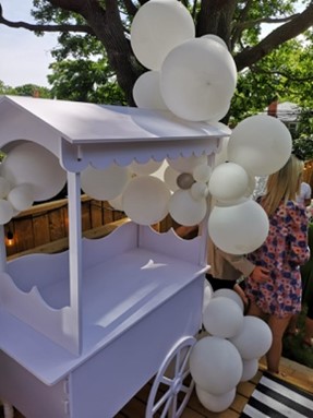 White-Balloon-Decor-with-Candy-Cart-Rental-Fun Party Rentals Mississauga