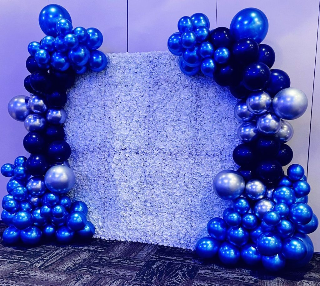 White-Roses-Flower-Wall-with-Bright-Blue-and-Silver-Balloon-Decor-London-Flower Wall Rental  London