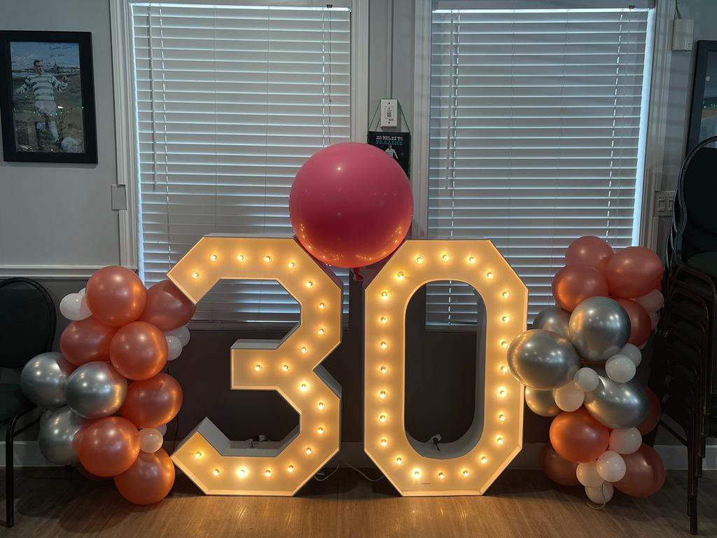 Marquee-Numbers-with-Lights-and-Multi-Coloured-Balloon-Decor-Marquee-Rental-Company-Pickering